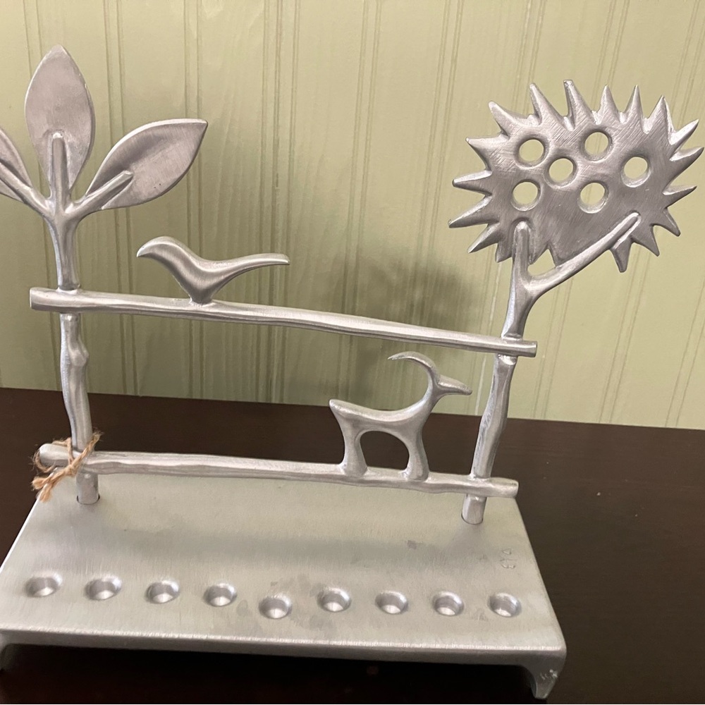 Shraga Landesman Aluminum Hanukkah Menorah - Trees with Gazelle and Bird